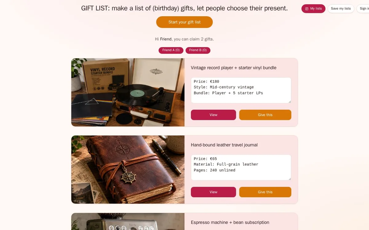 Schermafbeelding van GiftList